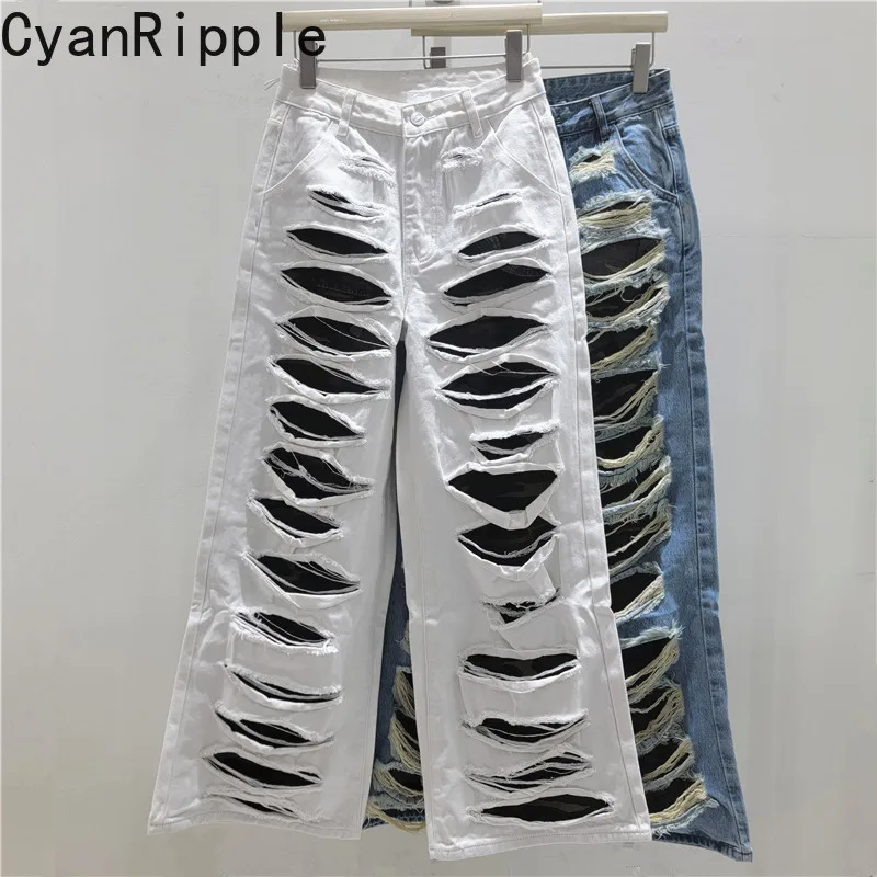 American Retro Washed Double-layer Hole Denim Pants All-match Hot Girls Punk Mopping Floor Wide Leg Loose Straight Women Jeans