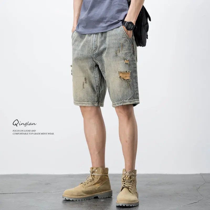 2024 Men Summer Fashion American Style Casual Vintage Hole Cowboy Loose Make Old Trend All-match Affordable Young Style Shorts