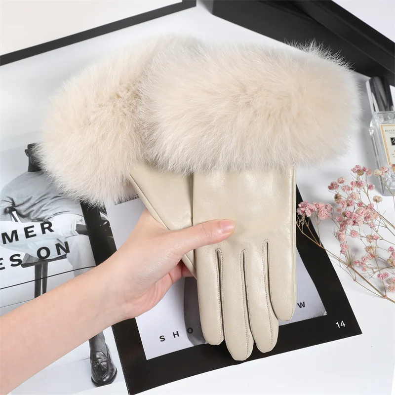 Women's Sheepskin Gloves Winter Natural Fox Fur Plus Velvet Windproof Warm Real Leather Gloves Female Outdoor Driving Gloves