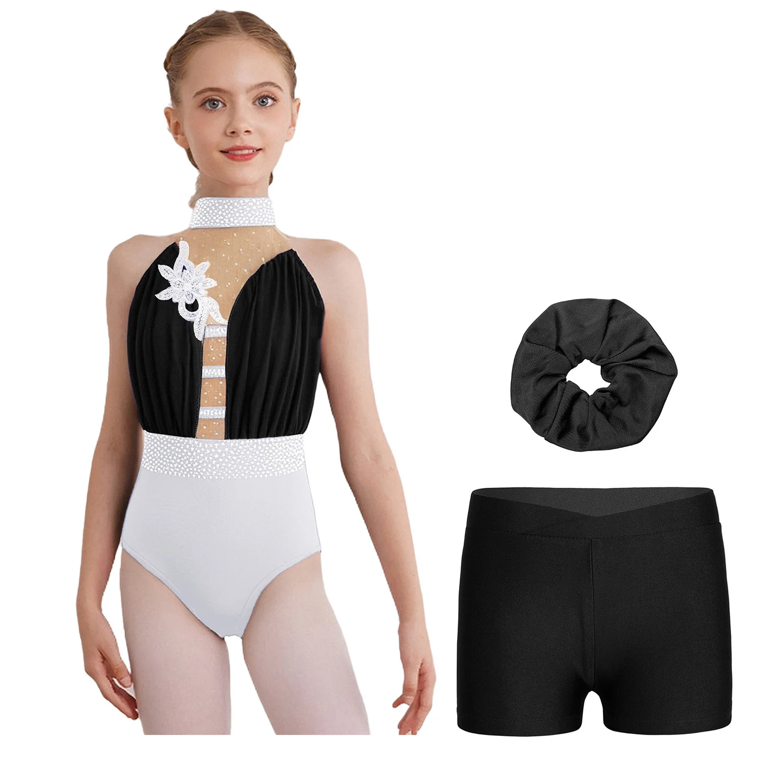 Kids Girls Figure Skating Gymnastics Leotard Shorts Hairband Set Rhinestone Bodysuit Ballet Yoga Dance Stage Competition Costume