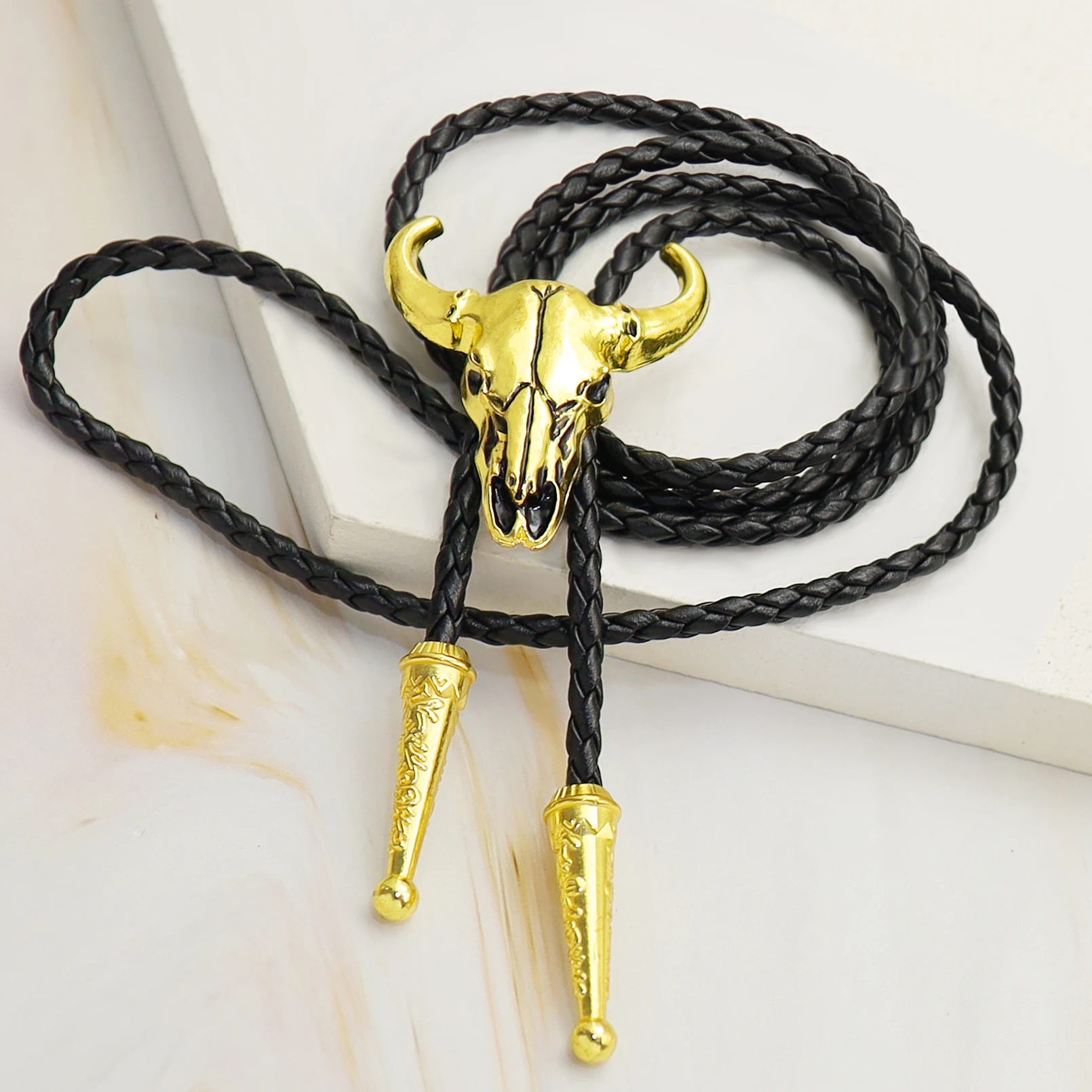 Herren Western Vintage Bolo Krawatte Kuh Totenkopf Design Schwarz Leder Seil Cowboy Krawatte mit Stierkopf Anhänger Schmuck Geschenk Unisex – Detail 4