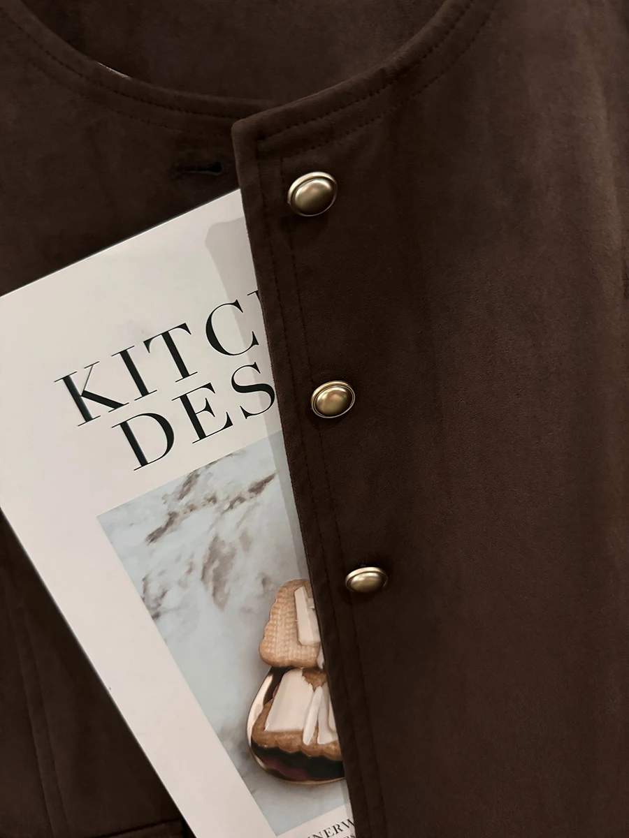 Casaco Curto Feminino de Camurça Bury para Primavera/Outono, Estilo Retrô, Roupa de Trabalho, Cor Pura, Corte Reto, Manga Longa, Fechamento com Botões