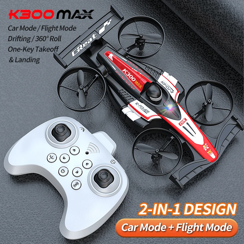 NUEVO K300 MAX 2026, Vehículo 2 en 1 para Tierra y Aire, Control Remoto 2.4G, Modo Coche, Modo Vuelo, Derrape, 360 °   Función de rol Azul/Rojo