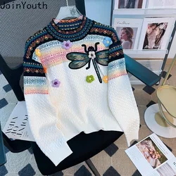 Vintage Women Sweater 2023 Ropa Mujer Heavy Embroidery Long Sleeve O-neck Jumper Fashion Korean Knitted Cropped Pullovers 27s339