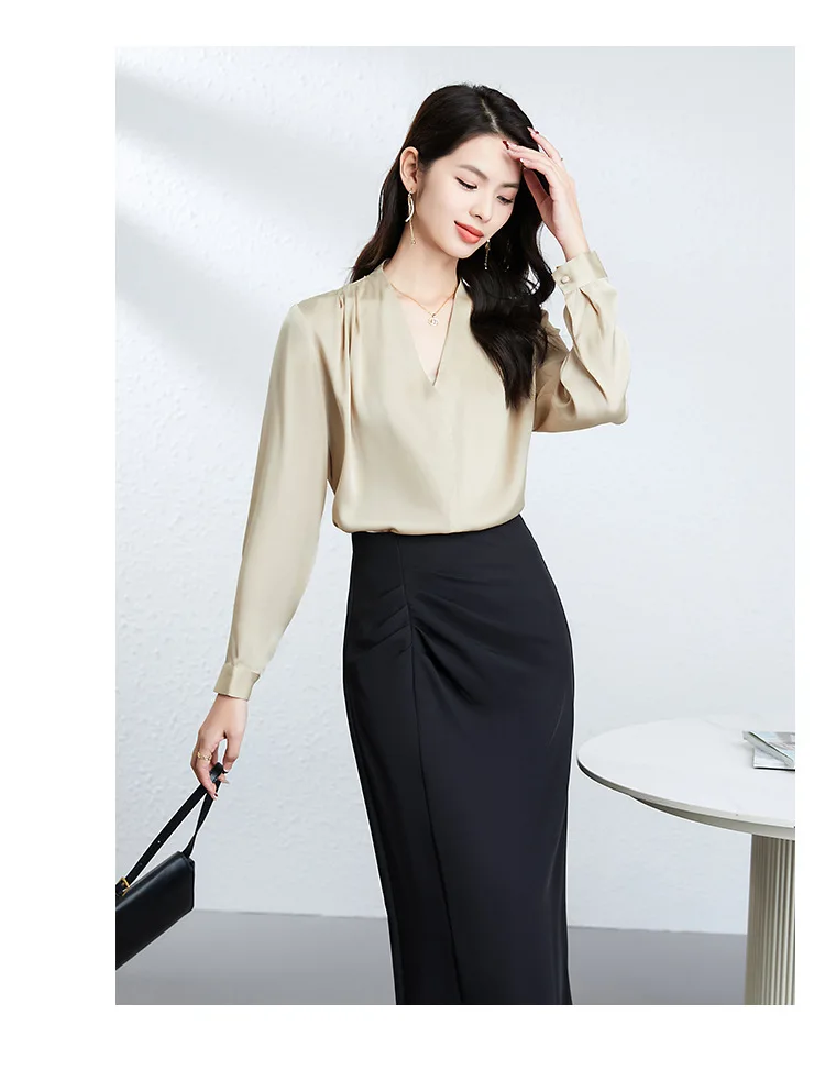 Women's Shirt 92.3% Silk, 6.8% Spandex Long Sleeves Sexy V Neck Ruched Elegant Fashion Blouse Tops