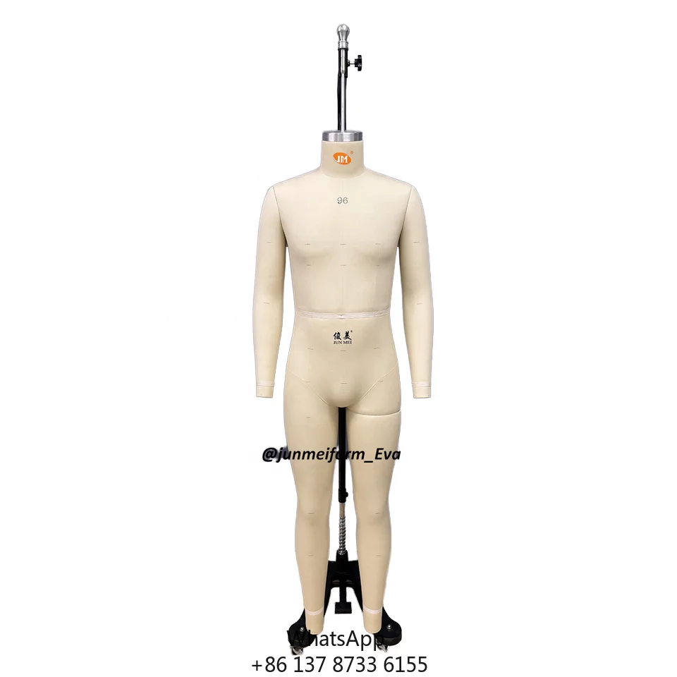 

CN96 JMMF96 Male Full-Body Headless Mannequin Collapsible Shoulders Pinable Fiberglass Canvas Dress Form Metal Wheel Base