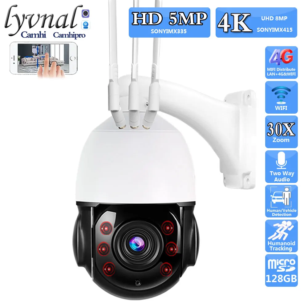 4K 8MP So-ny415 3G 4G بطاقة SIM 5MP كاميرا IP لاسلكية الأمن واي فاي PTZ قبة 30X التكبير التلقائي اتجاهين الصوت تتبع الإنسان IR 80M