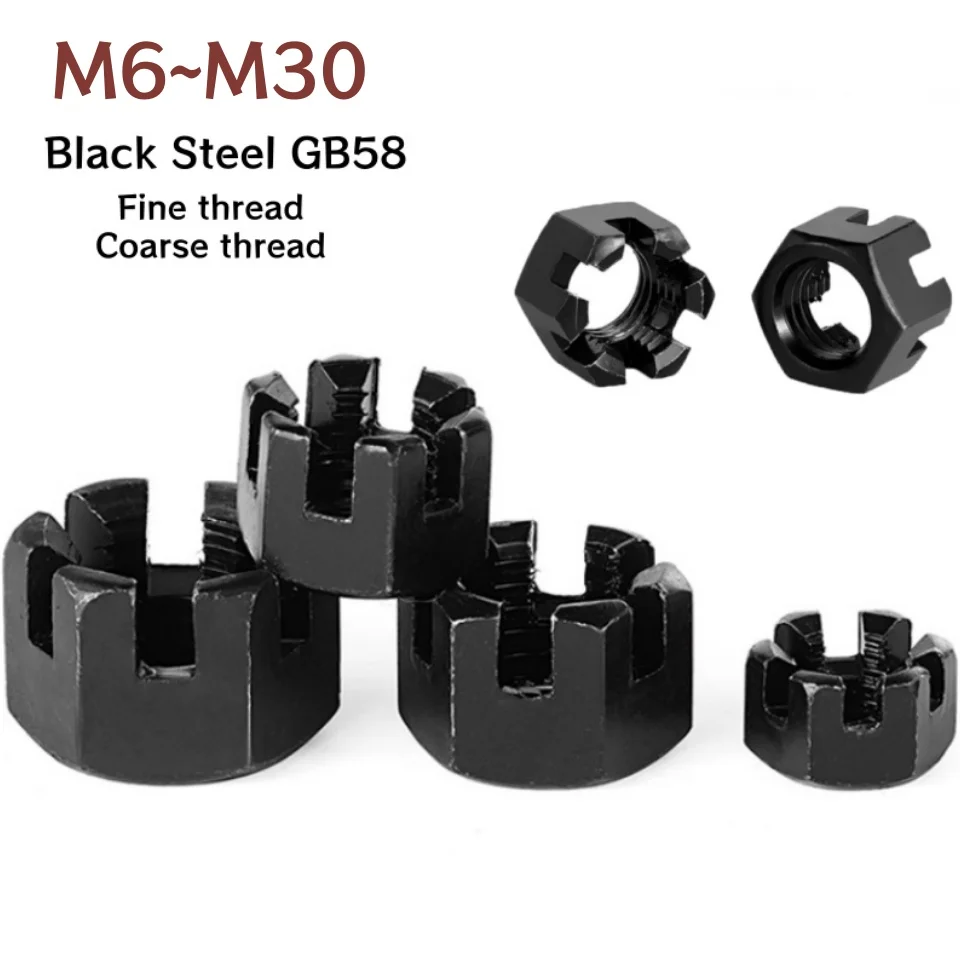 Black Crown Nut Hex Slotted Castle Nuts Carbon Steel Coarse Thread / Fine Thread M6 M8 M10 M12 M14 M16 M18 M20 M22 M24 M27 M30