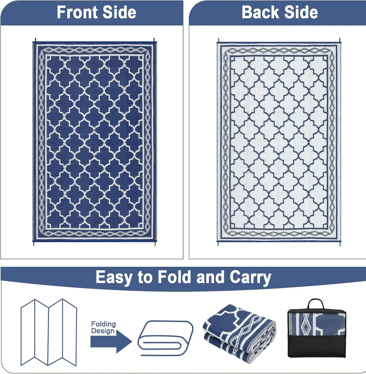 8x10 ft Reversible Outdoor Rug – Waterproof Plastic Straw Patio Mat, UV Resistant, Easy-Clean with Bound Edges, Foldable for Camping, RV, Deck, Porch, Balcony, Picnic – Navy/White