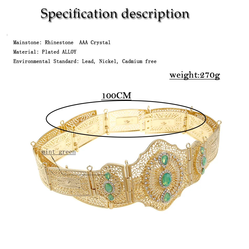 Neovisson Morocco Fashion Style Belt Women Dress Caftan Belt Gold Color Mintgreen Crystal Belly Chain Wedding Jewelry 