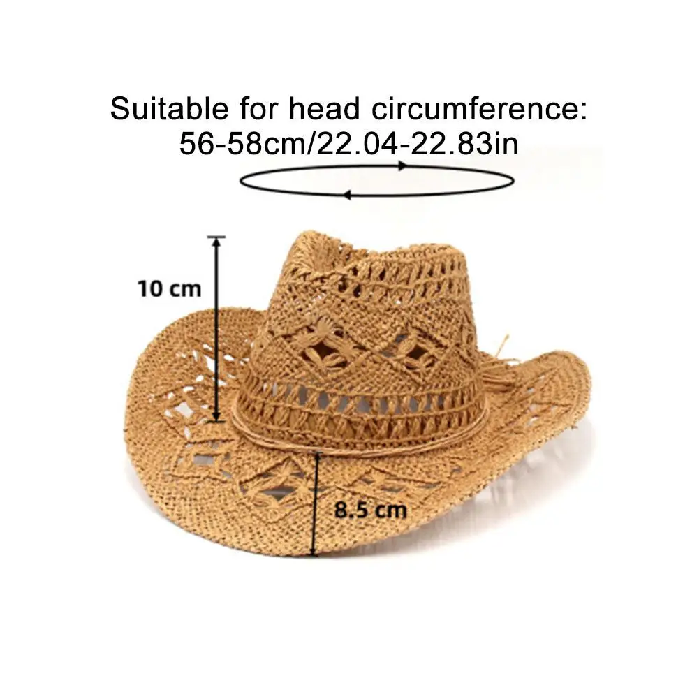 Summer Outdoor Men Women Hand-woven Western Cowboy Straw Hats Wide Brim Breathable Beach Jazz Cap Sun Protection Hat