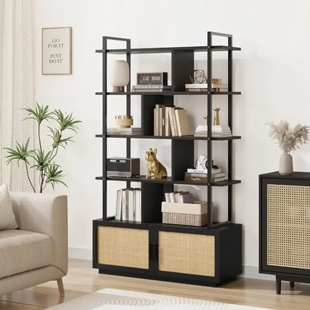 

5 Tier Industrial Metal and Wood Bookshelf with Storage Cabinet & Anti-Tipping Device Versatile Open Display Shelves Easy