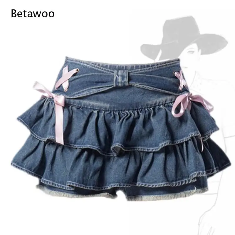 Ladies Double Layer Ruffled Denim Skort Pink Ribbon Bow Decor High Waist Cute Mini Skirt Y2K Sweet Fashion Short Skirt