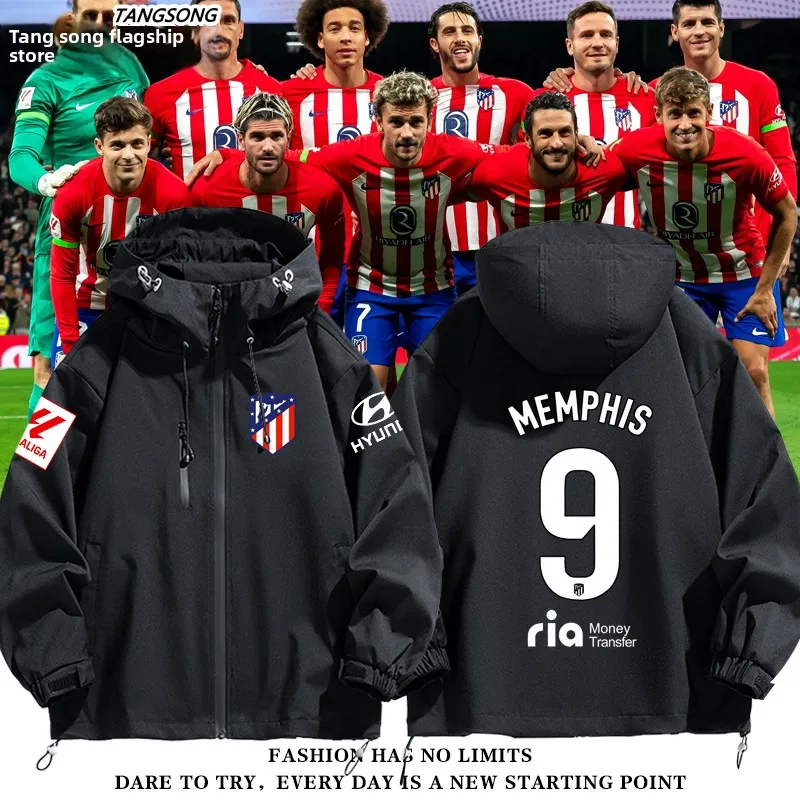 

Куртка футбольная футбольная команды Атлетико Мадрид, модная, на молнии, ветрозащитная, из полиэфирного волокна, с длинными рукавами, с капюшоном