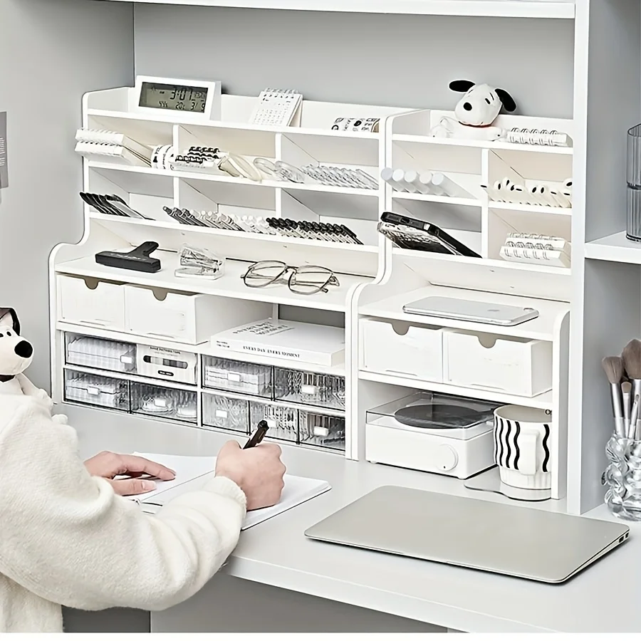 

1 шт. 2-уровневый настольный органайзер и ящик для хранения | Подставка для ручек с регулировкой наклона, приподнятая подставка для книг | Матовый белый ПВХ для канцелярских товаров, косметики