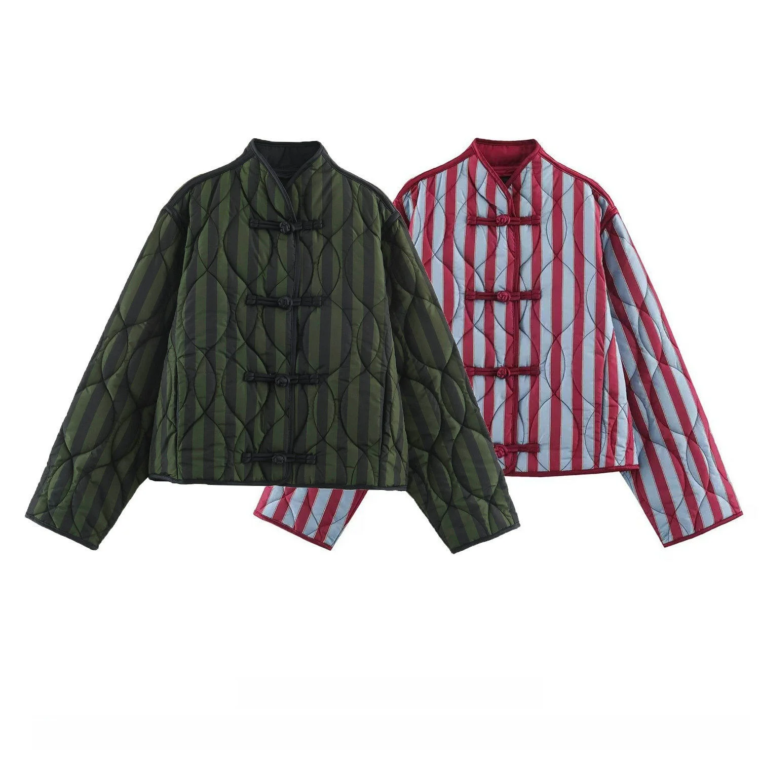 New 2026 Autumn Women's Long Sleeve Striped Napoleon Cotton Jacket Coat Rope Buckle Casual Style Ladies Fashion Cotton Clothing