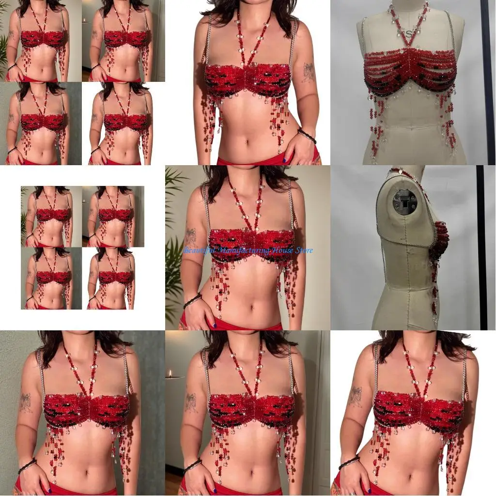 

E56A Beaded Body Chain Bra Multilayer Beads Chest Chain Body Accessories Jewelry for Women Girls Nightclub Raves Body Jewel