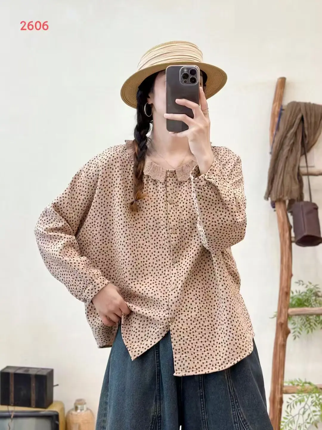 

[Готовый запас] Высококачественная женская блузка из 100% хлопка, рубашка с небольшим свежим воротником, рубашка с длинным рукавом и принтом звезды в горошек, женский милый топ