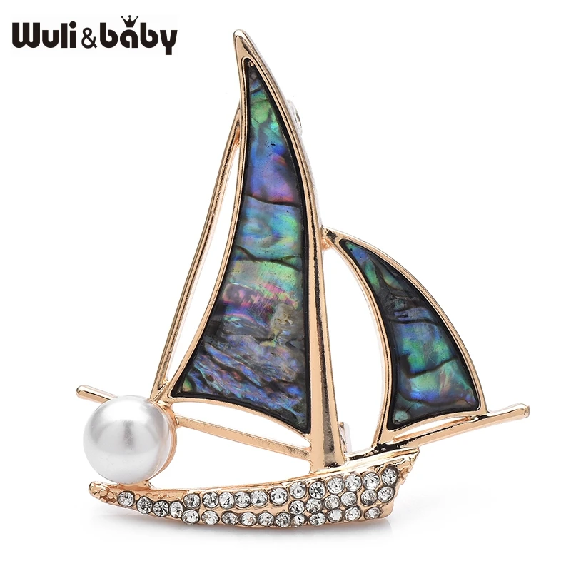 Wuli&baby Abalone Shell Sailboat Brooches For Women Men Lovely Rhinestone Pearl Boat Party Casual Brooch Pins Gifts