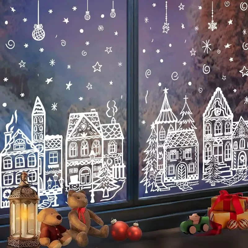 4 sheets/set Large Christmas Window Clings - Snowman & Snowflake Decals for Festive Glass Decoration,Snowy house wall stickers