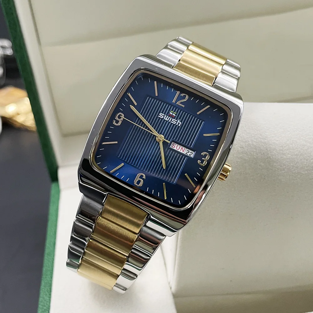 

Men Square Watch Patchwork Band Business Watches Golden Wristwatch Leisure Watch