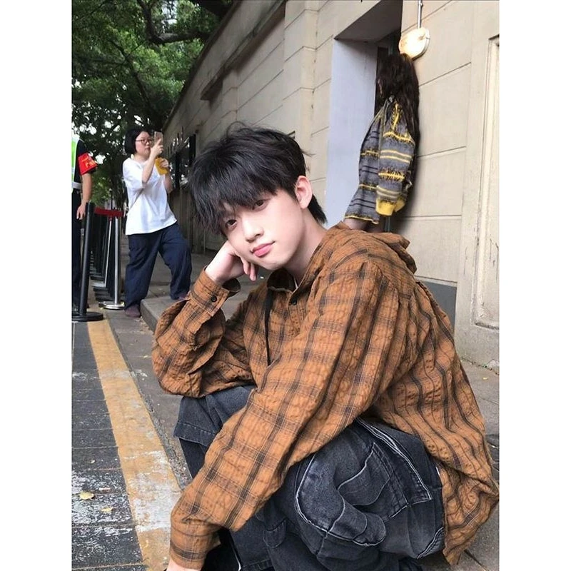 

Loose Plaid Long Sve irt Men's Spring Summer Anti-Uv Casual Wear Button Design k Collar Lightweight Faionable Top