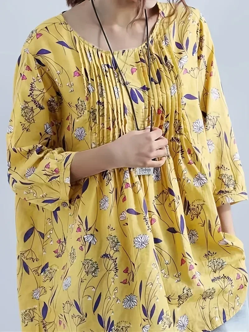 Women\'s 1XL-8XL Plus Size Blouse Fashion Floral Printed 3/4 Sleeve Shirt Loose Retro Color Shirt Ladies Blouse Tops