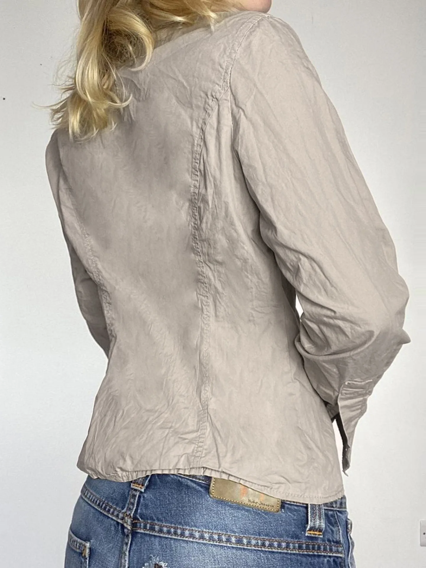 Workwear สไตล์การออกแบบกระเป๋า Splicing เอว cinching slimming อารมณ์สบายๆเผ็ดสาวเสื้อแขนยาว