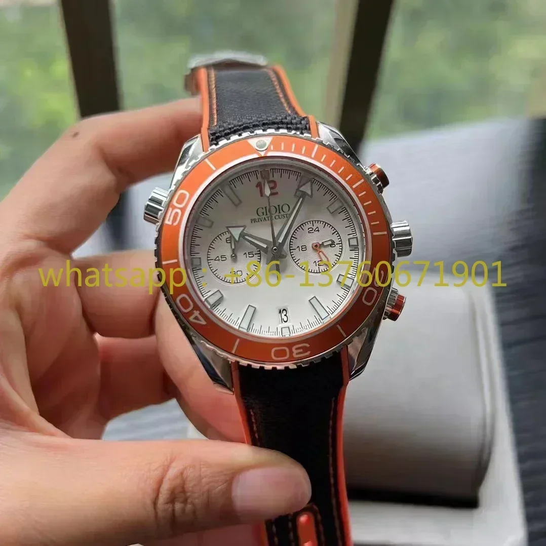 Luxury Men's Quartz Chronograph VK63 Movement Watch Stainless Steel Orange Ceramic Bezel Black White Rubber Canvas Watches