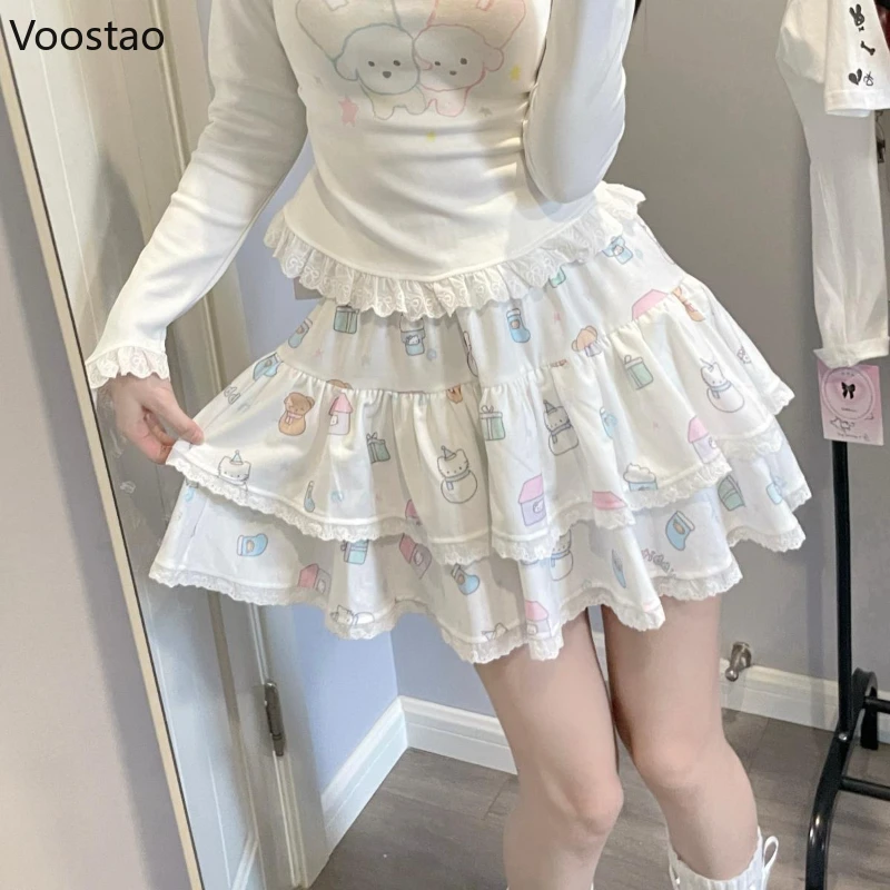 Japanese Kawaii Cartoon Print Lolita Mini Skirt Women Casual Lace Ruffles Y2k Cake Skirts Girls Sweet Elastic Waist Short Skirt