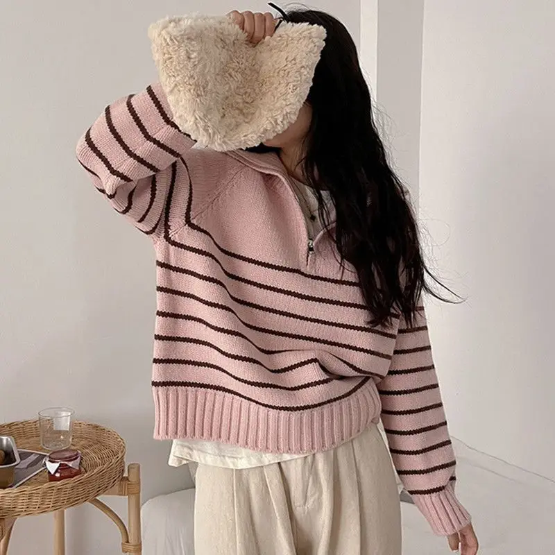 Deeptown Autumn Striped Sweater Women Korean Fashion Oversized Black Knit Jumper Female Aesthetic Harajuku Pink Pullover Casual