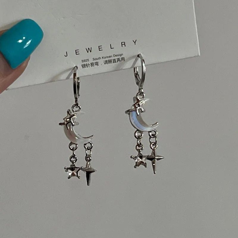 أقراط نسائية طويلة بشراشيب على شكل قطرة قمر ، حجر قمري ليزر ، نسيج غير منتظم ، معدن ، فتاة عصرية ، مجوهرات بانك Y2K ، جديد ، #1