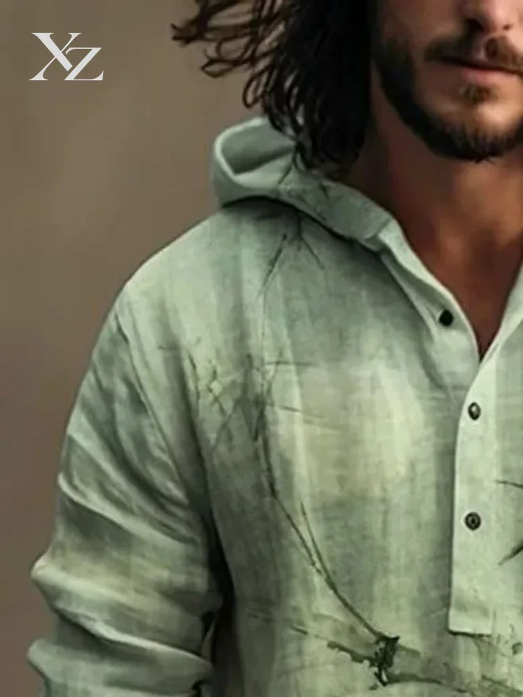 Men's Oversized Hooded Henley Shirt Long Sleeve Button Retro Bamboo Ink Painting Blouse Autumn Tops Males
