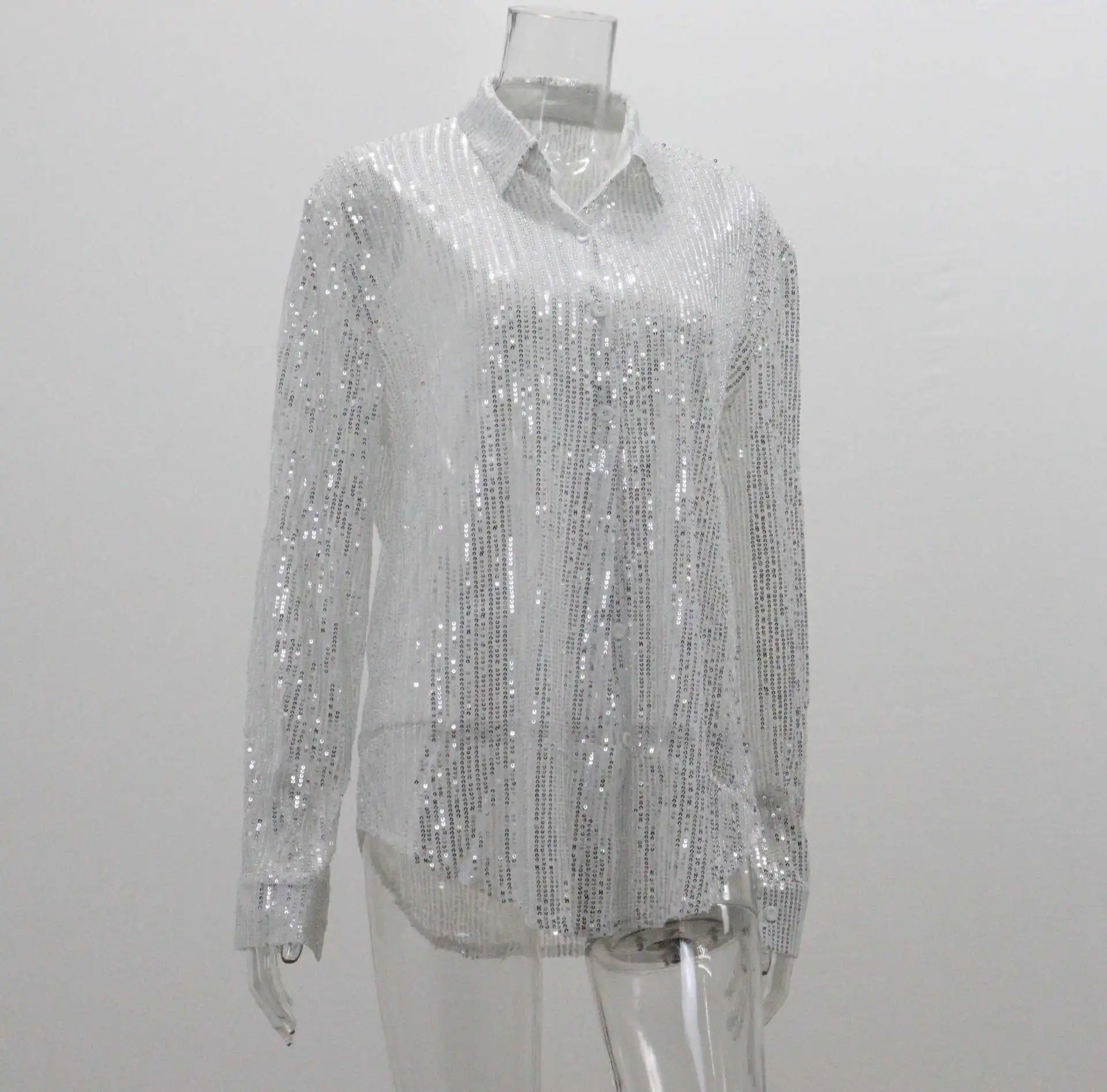 2025 ฤดูใบไม้ผลิฤดูร้อนใหม่แฟชั่นผู้หญิงสีทึบ Turn-Down COLLAR Single-breasted แขนยาวหลวมเลื่อมเสื้อหญิง