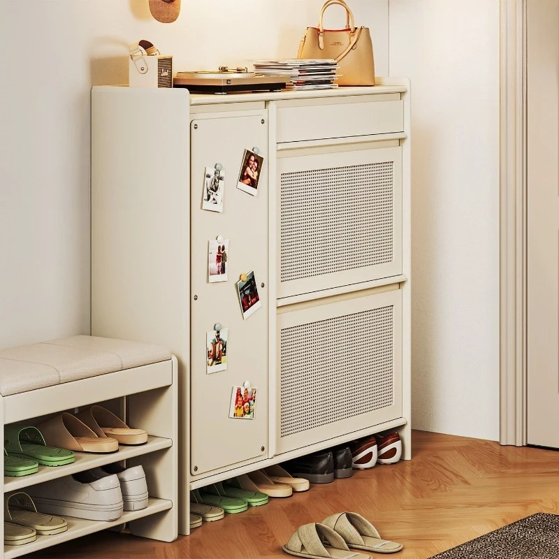 Household door narrow 30cm solid wood high-end rattan tipping bucket shoe cabinet