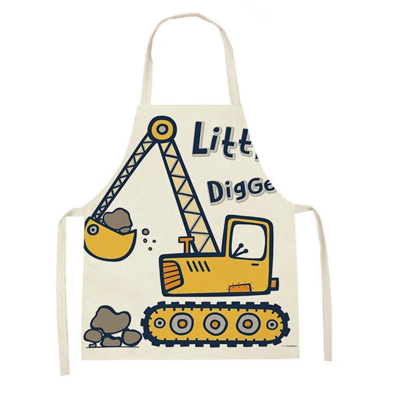 Kitchen cooking apron children\'s apron cartoon car crane fire truck pattern printed apron cleaning accessories