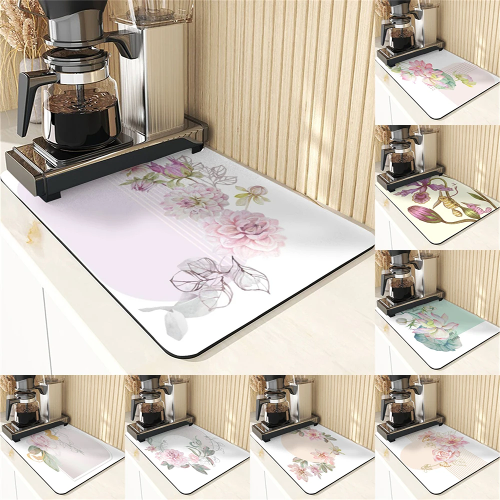 Simplicity Style Coaster Absorbent Diatomaceous Earth Mat Kitchen Accessories Flowers Pattern Absorbent Drying Mat For Kitchens