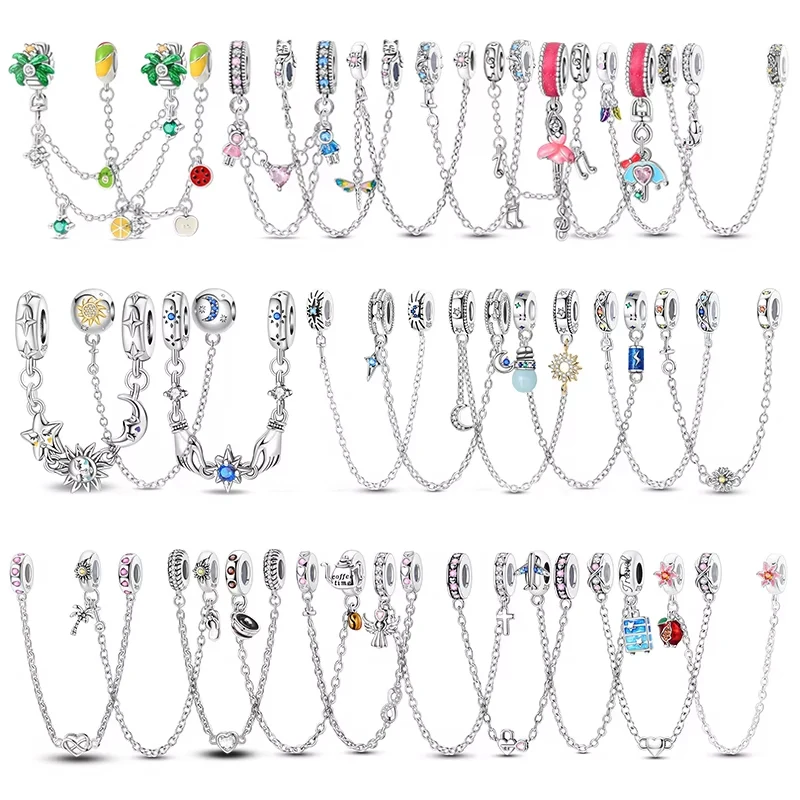 

925 Sterling Silver Bulb safety chains Charms Crucifixion Beads Dragonfly Security Chain Pendants Fit Original Bracelet Jewelry