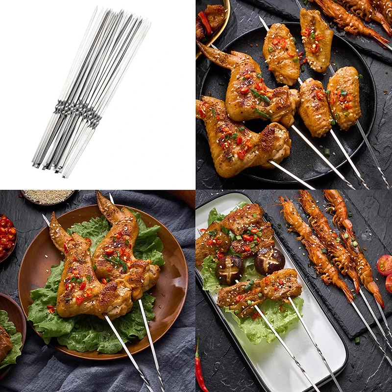 10Pcs Silver Stainless Steel Barbecue Skewer Reusable Grill Sticks BBQ Fork BBQ Utensil Kitchen Outdoor Camping Tool