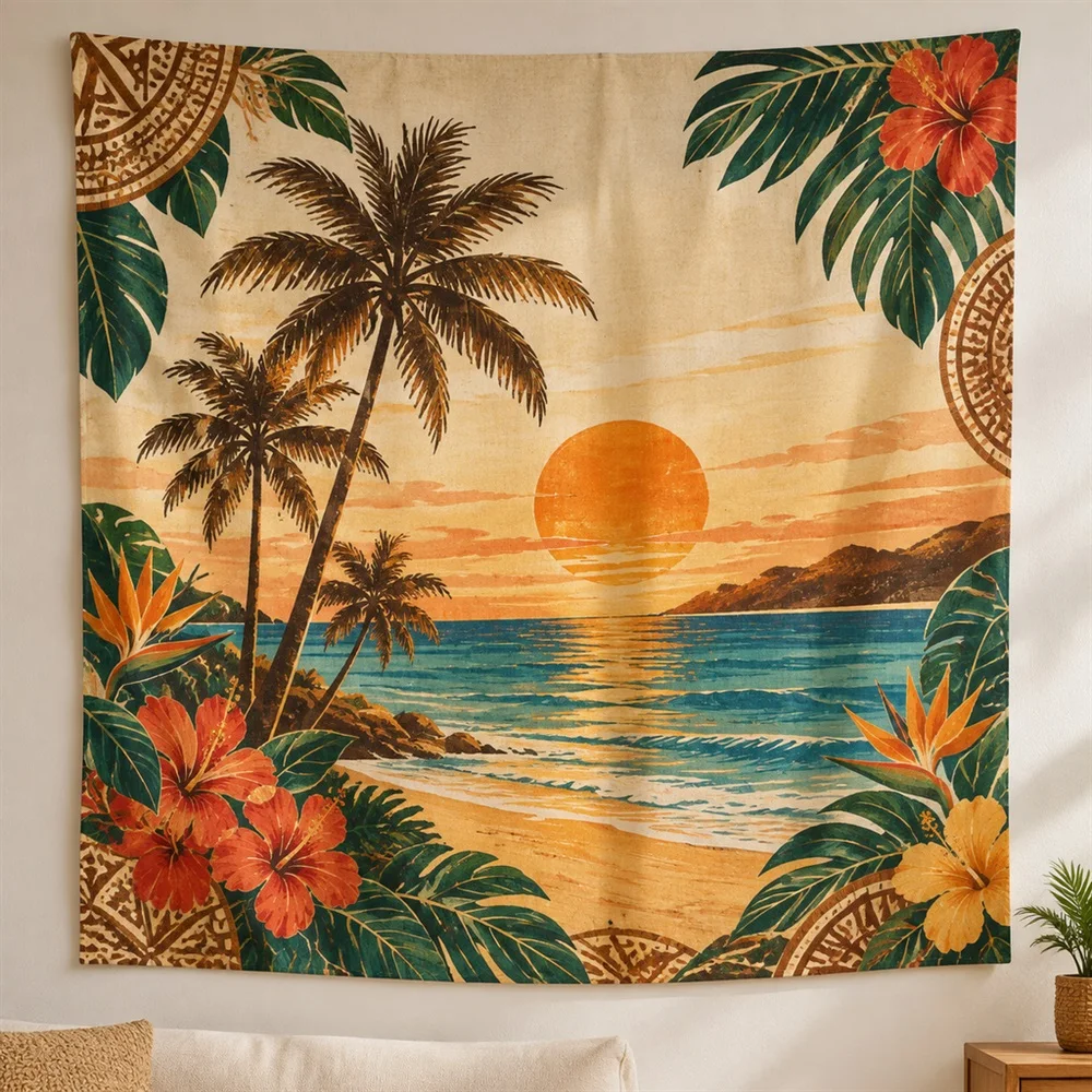 VIKAMA Palm Beach Sunset Clustered Groups Tapestry Wall Hanging, Southeast Asian Wall Art Tapestries for Living Room Bedroom