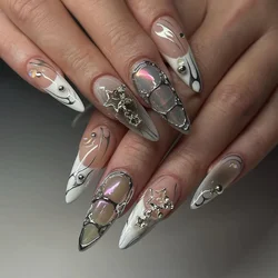 24pcs Long Stiletto Press on Nails Dark Black Butterfly Fake Nails Almond Fake Nails Sweet Cool Acrylic Nails Metal Y2k Nail Art