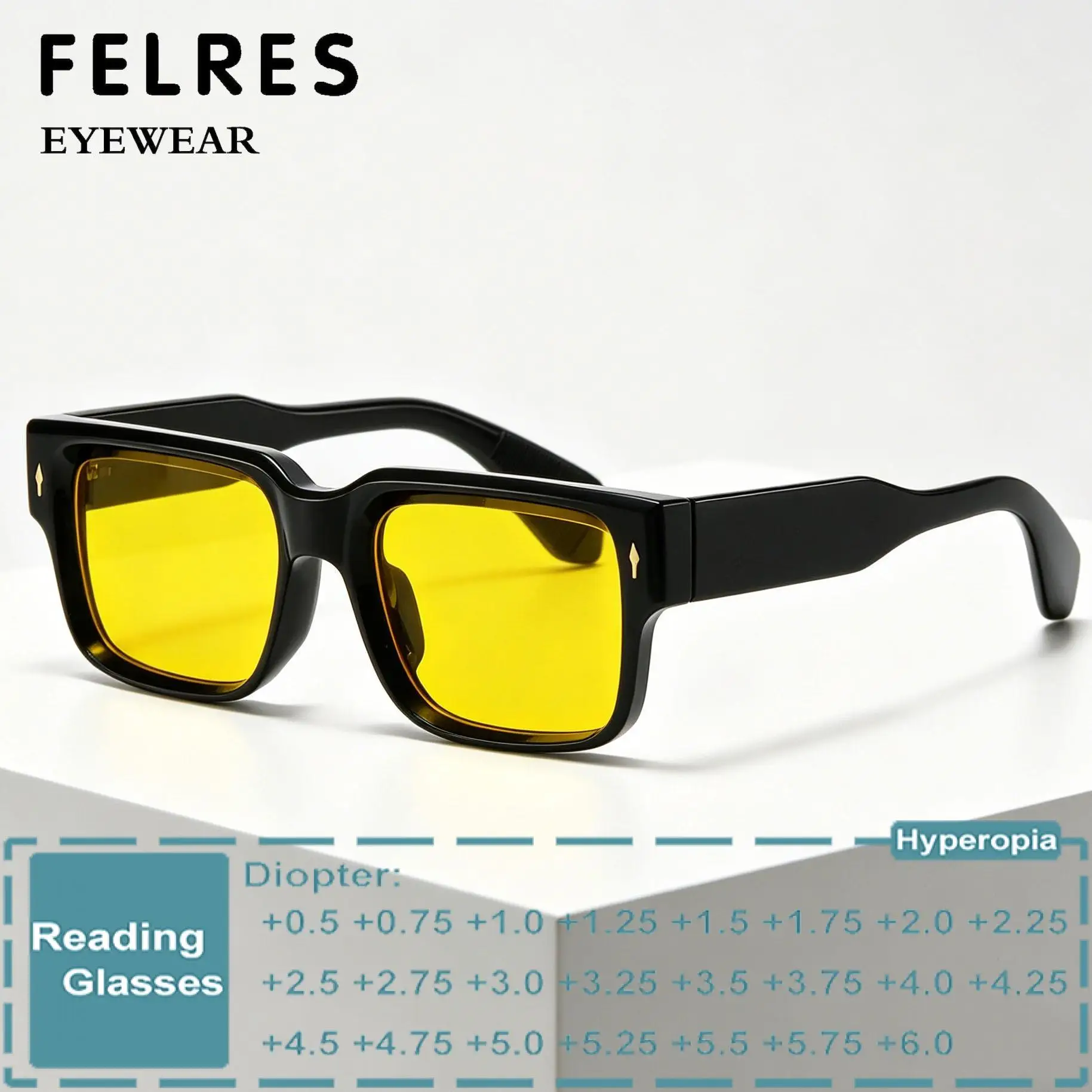 Square Yellow Reading Sunglasses Men Women Single Focus Prescription Presbyopic Eyewear Outdoor Tinted Shade Sun Glasses Readers