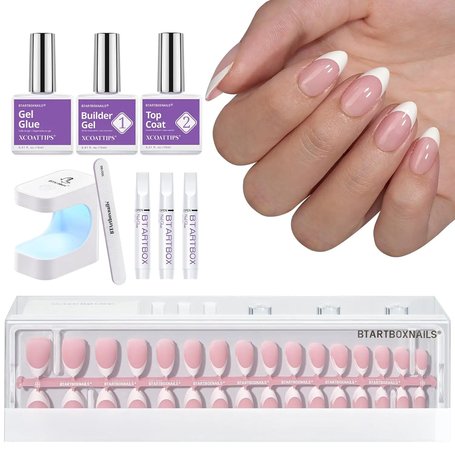 

Short Almond French Nail Tips Kit with Gel, Lamp, and Extension Tools for Christmas Gifts