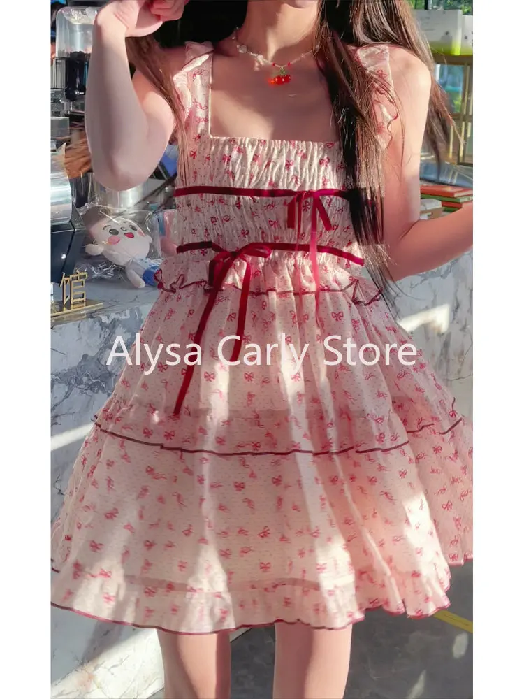 Sweet Floral Kawaii Fairy Dress Women Vintage Korean Elegant Party Mini Dresses Lace Print Casual Cute Casual Dress Summer 2023