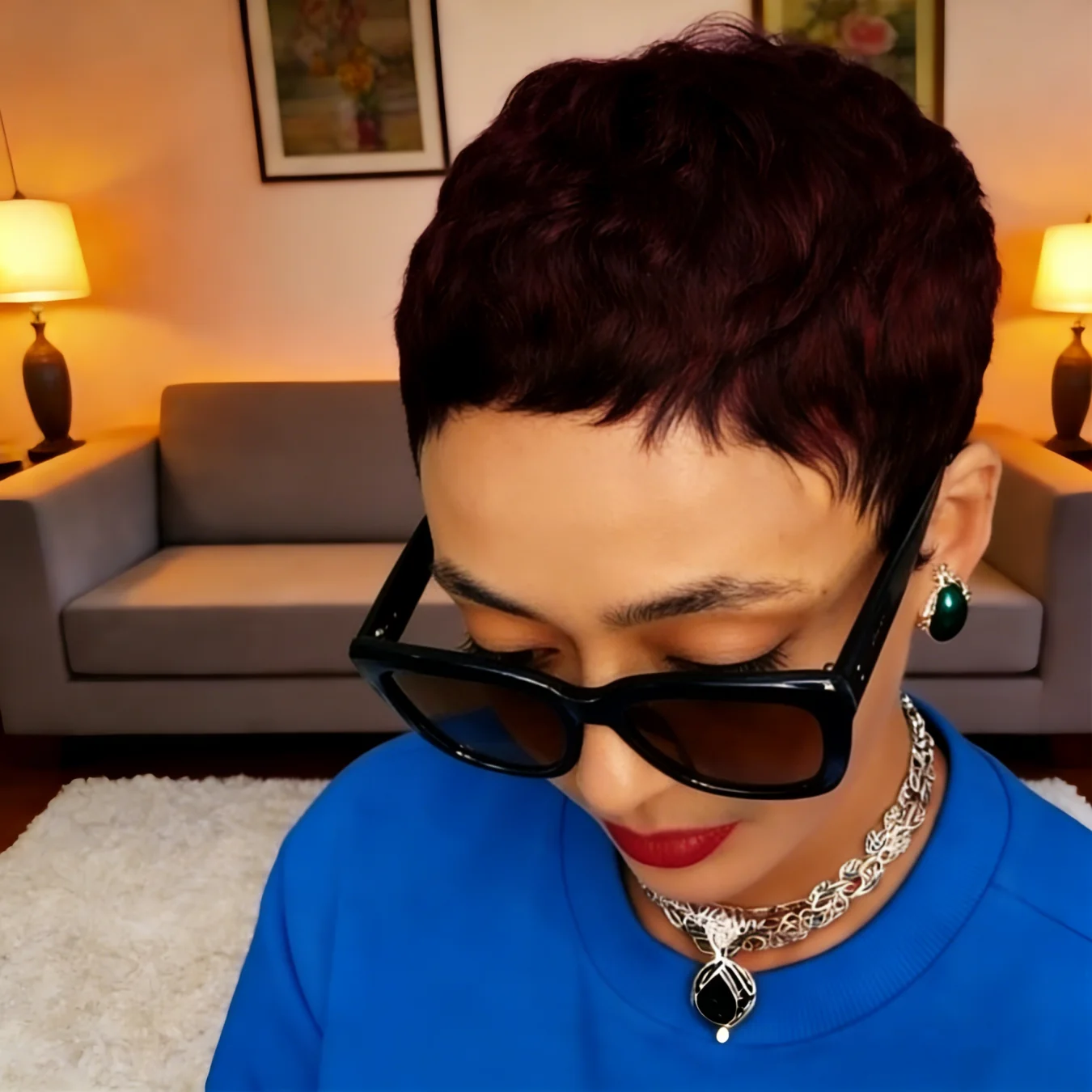 

Короткий парик-пикси из натуральных волос для женщин, многослойный, с челкой, кудрявый, машинной работы, цвет бургунди