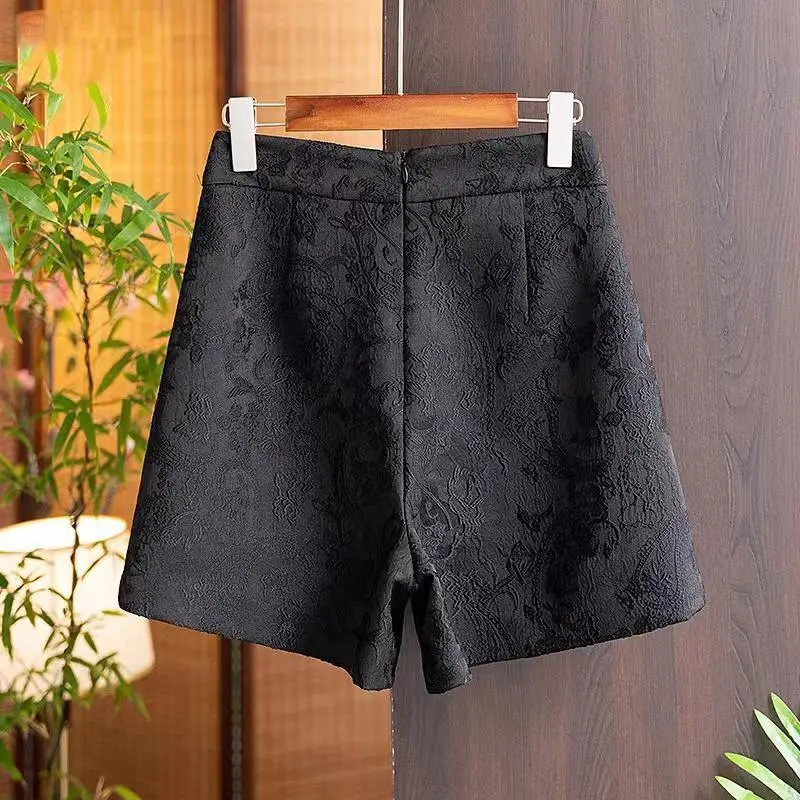 Chinese Stijl Dames Shorts Vintage Elegantie Jacquard Hoge Taille Wijde Broek Met Zakken Nieuwe Zomer A-Line Broek