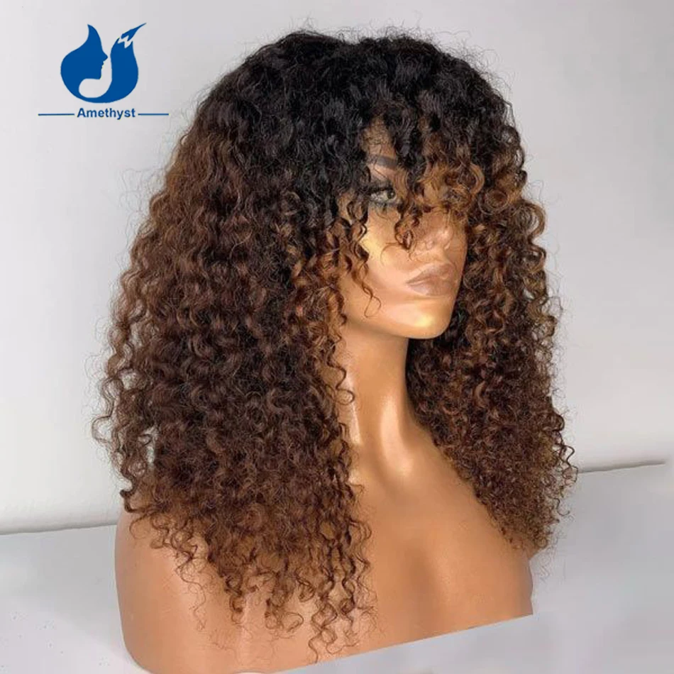 Amethyst Afro Kinky Curly Scalp Top Full Machine Made Human Hair Wig with Bangs For Women Brazilian Remy Bang Wig Ombre Brown