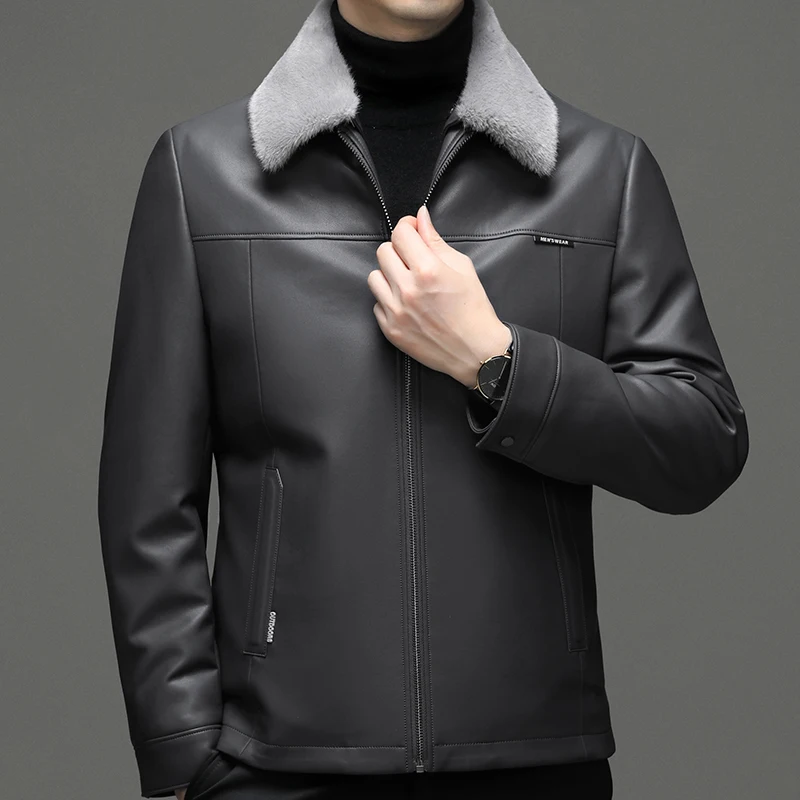 ZDT-8013 Winter New High Quality Men\'s Genuine Leather Down Coat With Detached Ferret Plush Collar Casual White Duck Down Coat