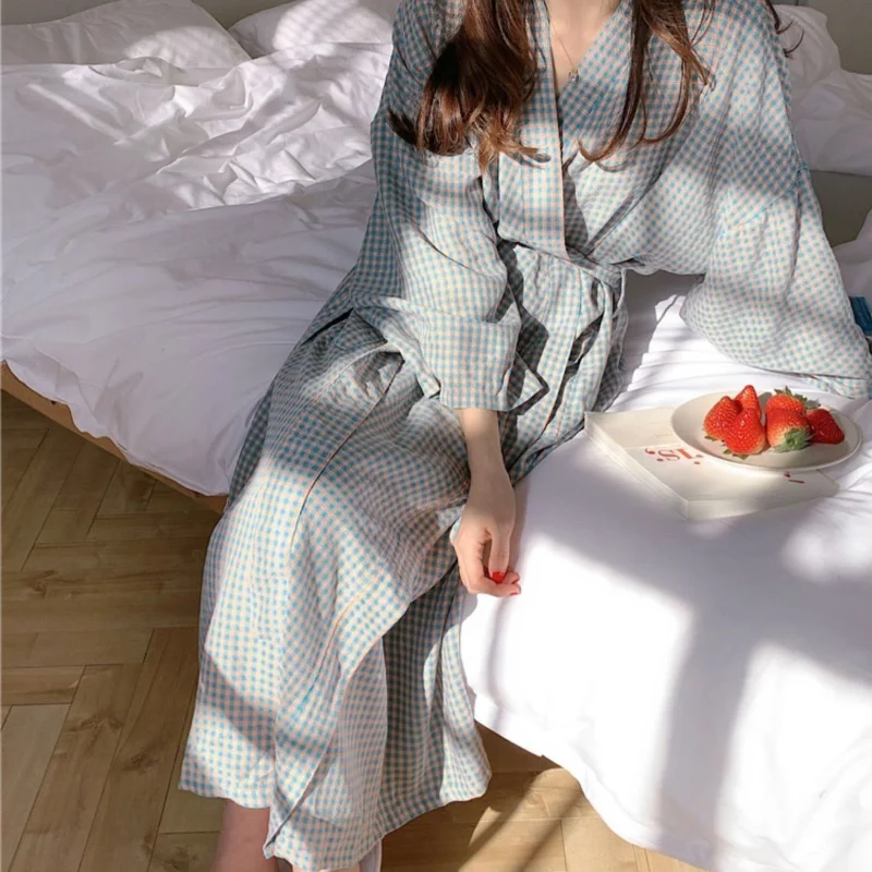 Plaid Robes Women Spring Simple Loose Homewear All-match Ins Korean Fashion Mid-calf Pockets Vintage Comfort Bathrobe College