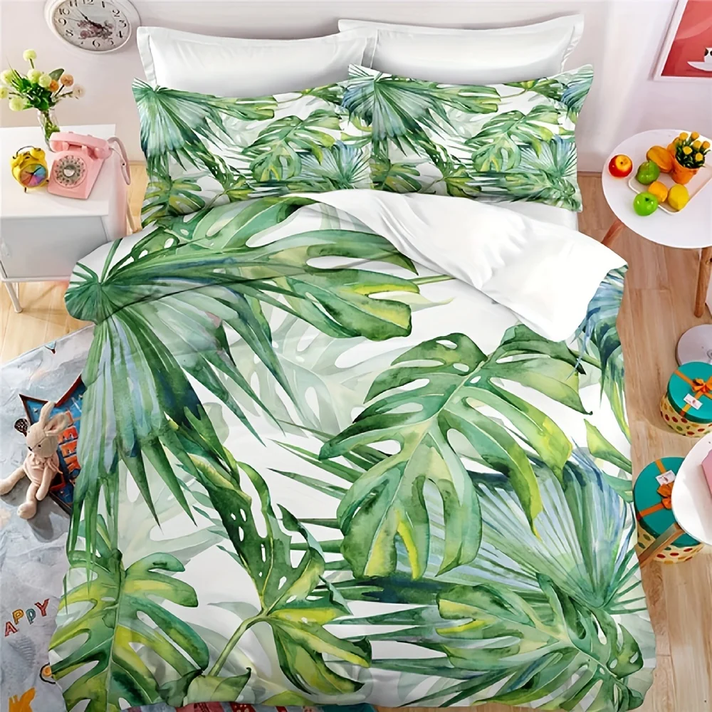 

3pcs Fashion Fresh Duvet Cover Set (1*Duvet Cover 2*Pillowcases) Tropical Palm Leaf Print Bedding Set Soft Comfortable Duvet